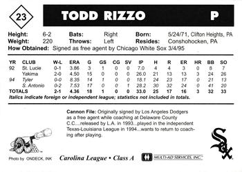 1995 Multi-Ad Prince William Cannons #23 Todd Rizzo Back