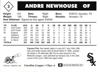 1995 Multi-Ad Prince William Cannons #3 Andre Newhouse Back
