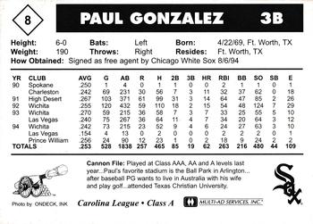 1995 Multi-Ad Prince William Cannons #8 Paul Gonzalez Back