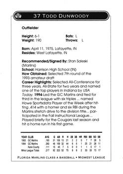 1995 Kane County Cougars #NNO Todd Dunwoody Back