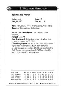 1995 Kane County Cougars #NNO Walter Miranda Back
