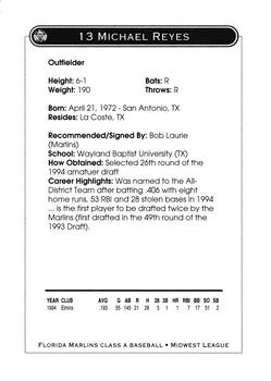 1995 Kane County Cougars #NNO Michael Reyes Back