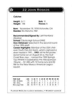 1995 Kane County Cougars #NNO John Roskos Back
