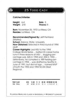 1995 Kane County Cougars #NNO Todd Cady Back