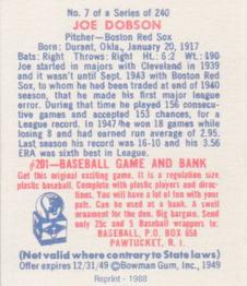 1988 1949 Bowman Reprint #7 Joe Dobson Back