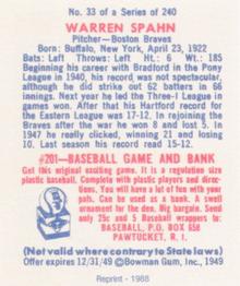 1988 1949 Bowman Reprint #33 Warren Spahn Back