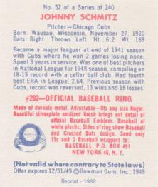 1988 1949 Bowman Reprint #52 Johnny Schmitz Back