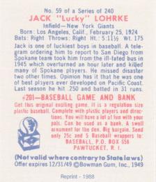 1988 1949 Bowman Reprint #59 Jack Lohrke Back