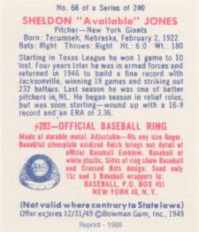1988 1949 Bowman Reprint #68 Sheldon Jones Back