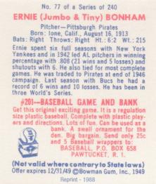 1988 1949 Bowman Reprint #77 Ernie Bonham Back