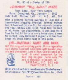 1988 1949 Bowman Reprint #85 Johnny Mize Back