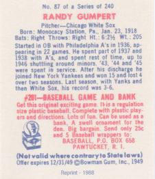 1988 1949 Bowman Reprint #87 Randy Gumpert Back