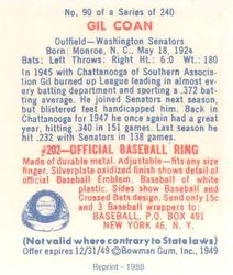 1988 1949 Bowman Reprint #90 Gil Coan Back