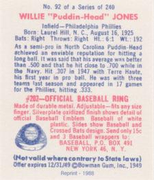 1988 1949 Bowman Reprint #92 Willie Jones Back