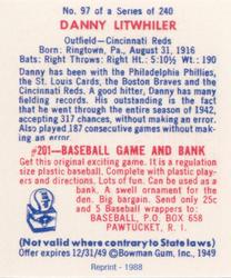 1988 1949 Bowman Reprint #97 Danny Litwhiler Back