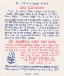 1988 1949 Bowman Reprint #101 Sid Gordon Back
