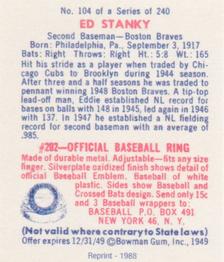 1988 1949 Bowman Reprint #104 Eddie Stanky Back