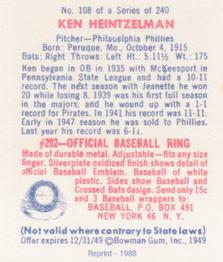 1988 1949 Bowman Reprint #108 Ken Heintzelman Back