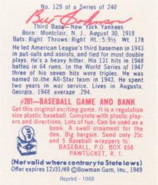 1988 1949 Bowman Reprint #129 Bill Johnson Back