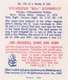 1988 1949 Bowman Reprint #145 Sylvester Donnelly Back