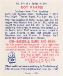 1988 1949 Bowman Reprint #149 Roy Partee Back