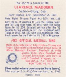 1988 1949 Bowman Reprint #152 Clarence Maddern Back