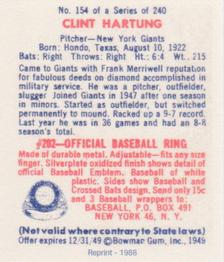 1988 1949 Bowman Reprint #154 Clint Hartung Back