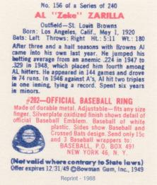 1988 1949 Bowman Reprint #156 Al Zarilla Back