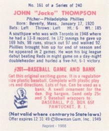 1988 1949 Bowman Reprint #161 Jocko Thompson Back