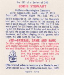 1988 1949 Bowman Reprint #173 Bud Stewart Back