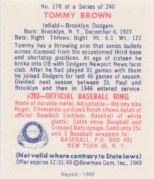 1988 1949 Bowman Reprint #178 Tommy Brown Back