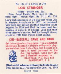 1988 1949 Bowman Reprint #183 Lou Stringer Back