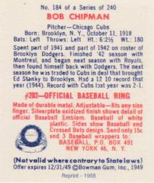 1988 1949 Bowman Reprint #184 Bob Chipman Back