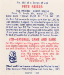 1988 1949 Bowman Reprint #185 Pete Reiser Back