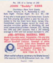 1988 1949 Bowman Reprint #186 Buddy Kerr Back