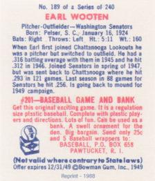 1988 1949 Bowman Reprint #189 Earl Wooten Back