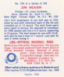 1988 1949 Bowman Reprint #190 Jim Hearn Back