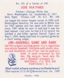 1988 1949 Bowman Reprint #191 Joe Haynes Back