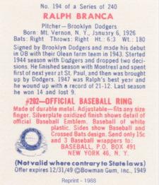 1988 1949 Bowman Reprint #194 Ralph Branca Back