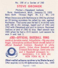 1988 1949 Bowman Reprint #198 Steve Gromek Back
