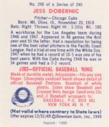 1988 1949 Bowman Reprint #200 Jess Dobernic Back