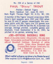 1988 1949 Bowman Reprint #208 Dizzy Trout Back