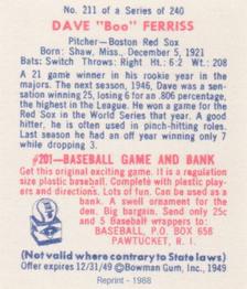 1988 1949 Bowman Reprint #211 Dave Ferriss Back