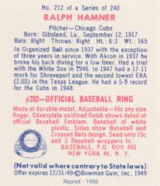 1988 1949 Bowman Reprint #212 Ralph Hamner Back
