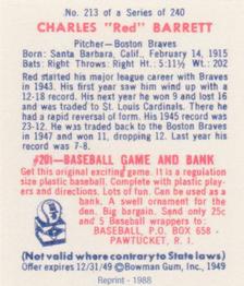 1988 1949 Bowman Reprint #213 Red Barrett Back