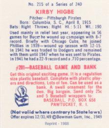 1988 1949 Bowman Reprint #215 Kirby Higbe Back