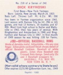 1988 1949 Bowman Reprint #218 Dick Kryhoski Back