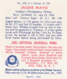 1988 1949 Bowman Reprint #228 Jackie Mayo Back
