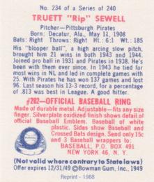 1988 1949 Bowman Reprint #234 Truett Sewell Back