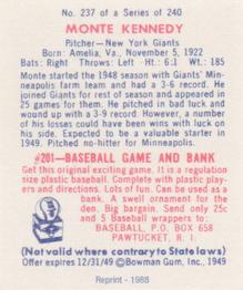1988 1949 Bowman Reprint #237 Monte Kennedy Back